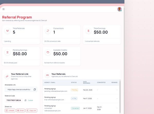 Referral Program dashboard with tracking and payouts