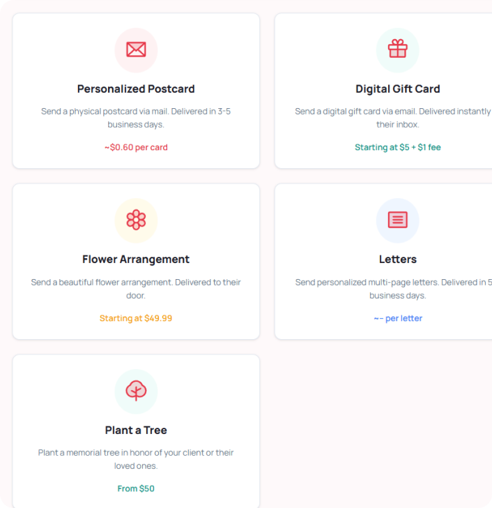 Gift type selection grid